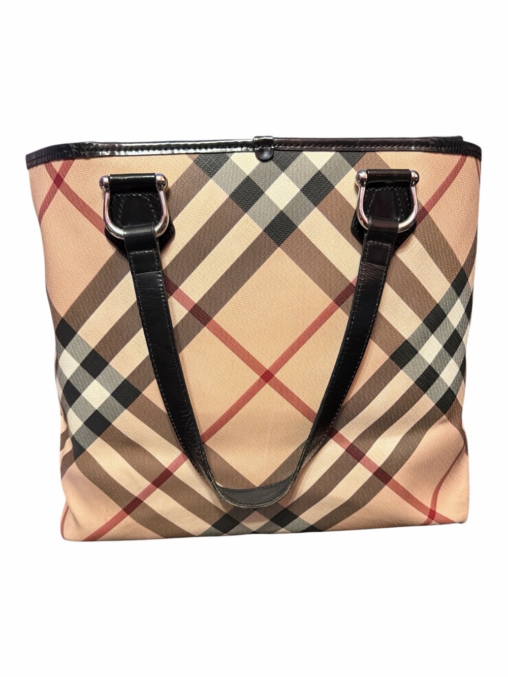 BURBERRY Haymarket Check Canvas & Black Leather Trim Tote Bag